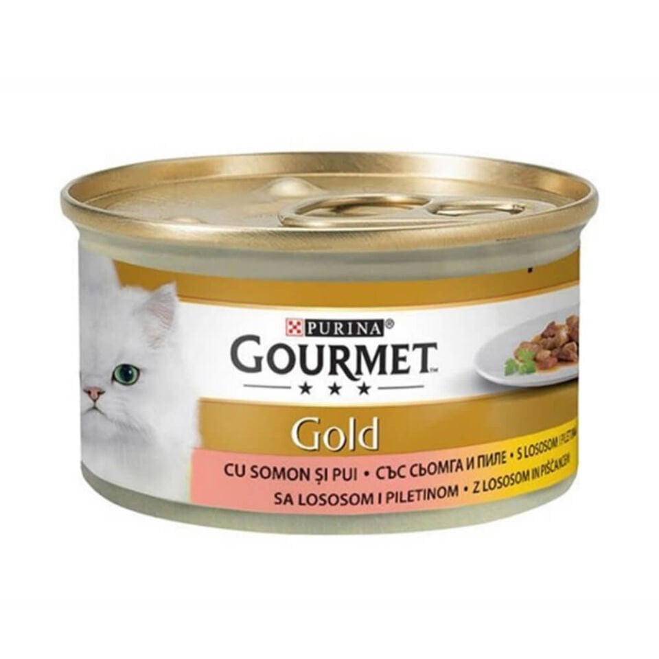 Gourmet Gold Parça Etli Somonlu ve Tavuklu Kedi Konservesi 85gr