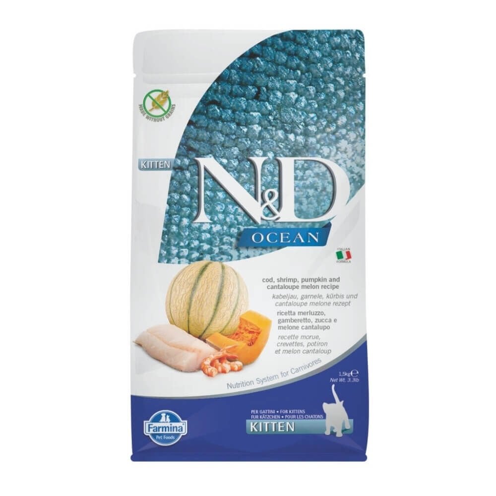 N&D Ocean Morina Balıklı Bal Kabaklı Karidesli ve Kavunlu Tahılsız Yavru Kedi Maması 1,5kg