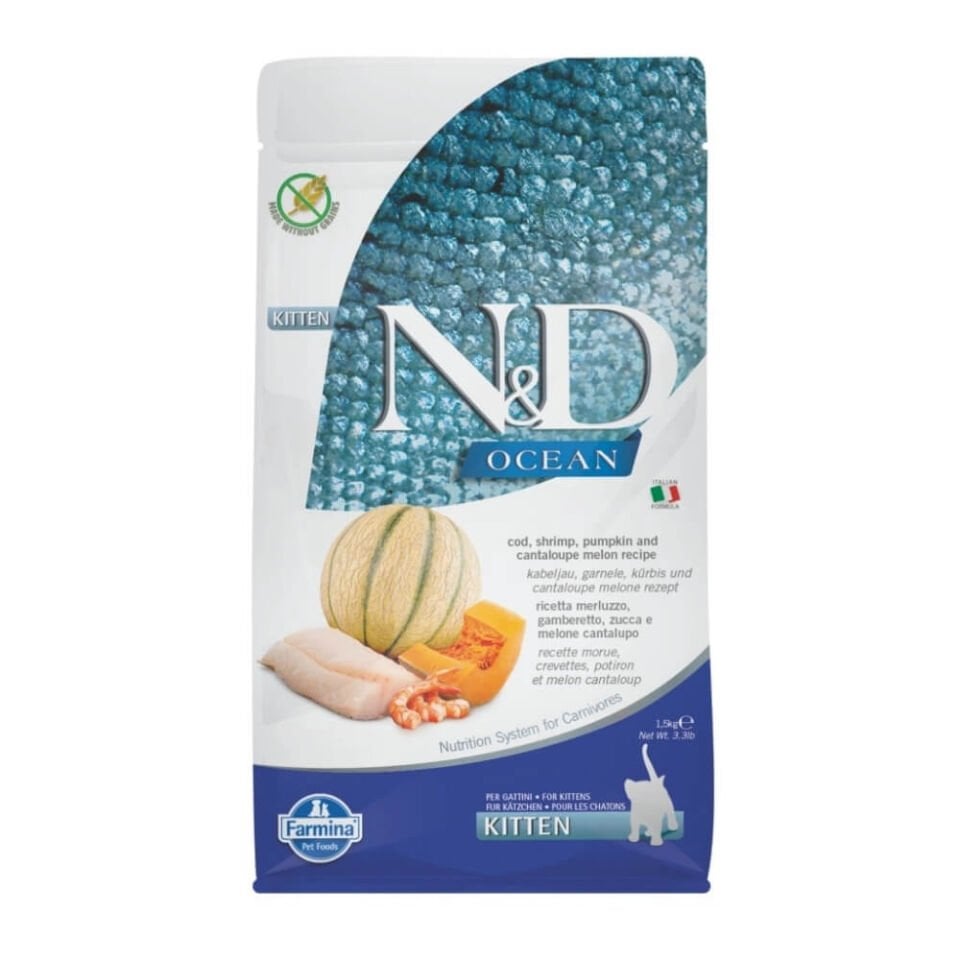 N&D Ocean Morina Balıklı Bal Kabaklı Karidesli ve Kavunlu Tahılsız Yavru Kedi Maması 1,5kg