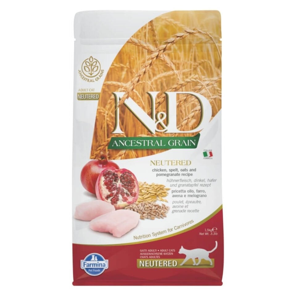 N&D Ancestral Grain Tavuklu ve Narlı Ata Tahıllı Kısırlaştırılmış Kedi Maması 1,5kg