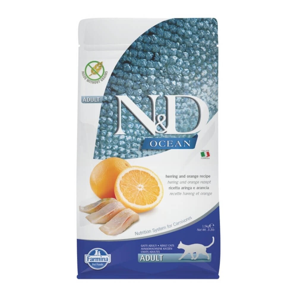 N&D Ocean Ringa Balıklı ve Portakallı Tahılsız Yetişkin Kedi Maması 1,5kg