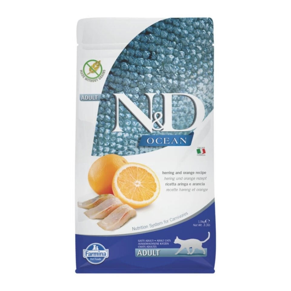 N&D Ocean Ringa Balıklı ve Portakallı Tahılsız Yetişkin Kedi Maması 1,5kg
