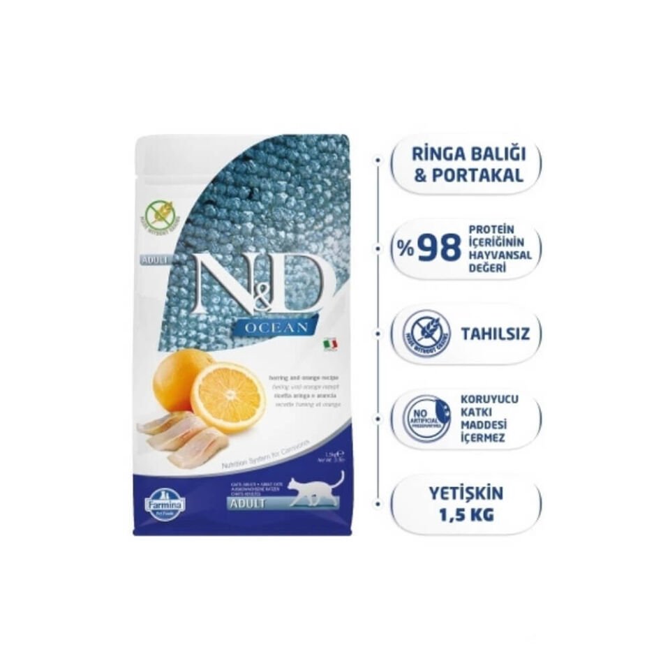 N&D Ocean Ringa Balıklı ve Portakallı Tahılsız Yetişkin Kedi Maması 1,5kg