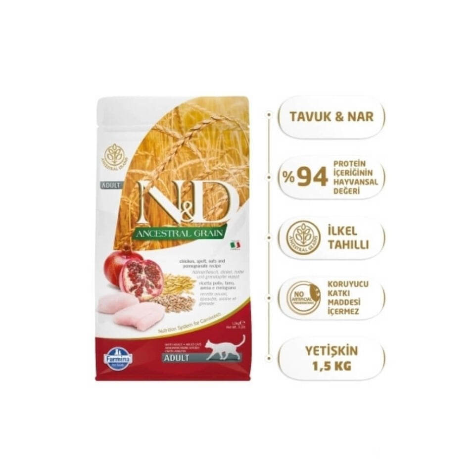 N&D Ancestral Grain Tavuklu ve Narlı Ata Tahıllı Yetişkin Kedi Maması 1,5kg