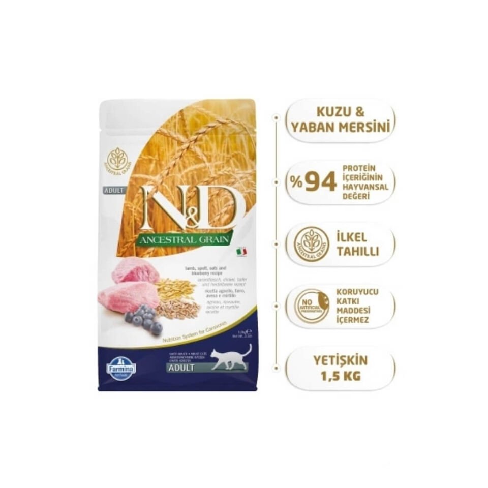 N&D Ancestral Grain Kuzu Etli ve Yaban Mersinli Ata Tahıllı Yetişkin Kedi Maması 1,5kg