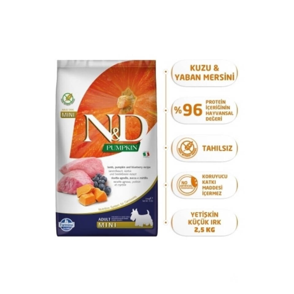 N&D Pumpkin Bal Kabaklı Kuzulu ve Yaban Mersinli Küçük Irk Tahılsız Yetişkin Köpek Maması 2,5kg