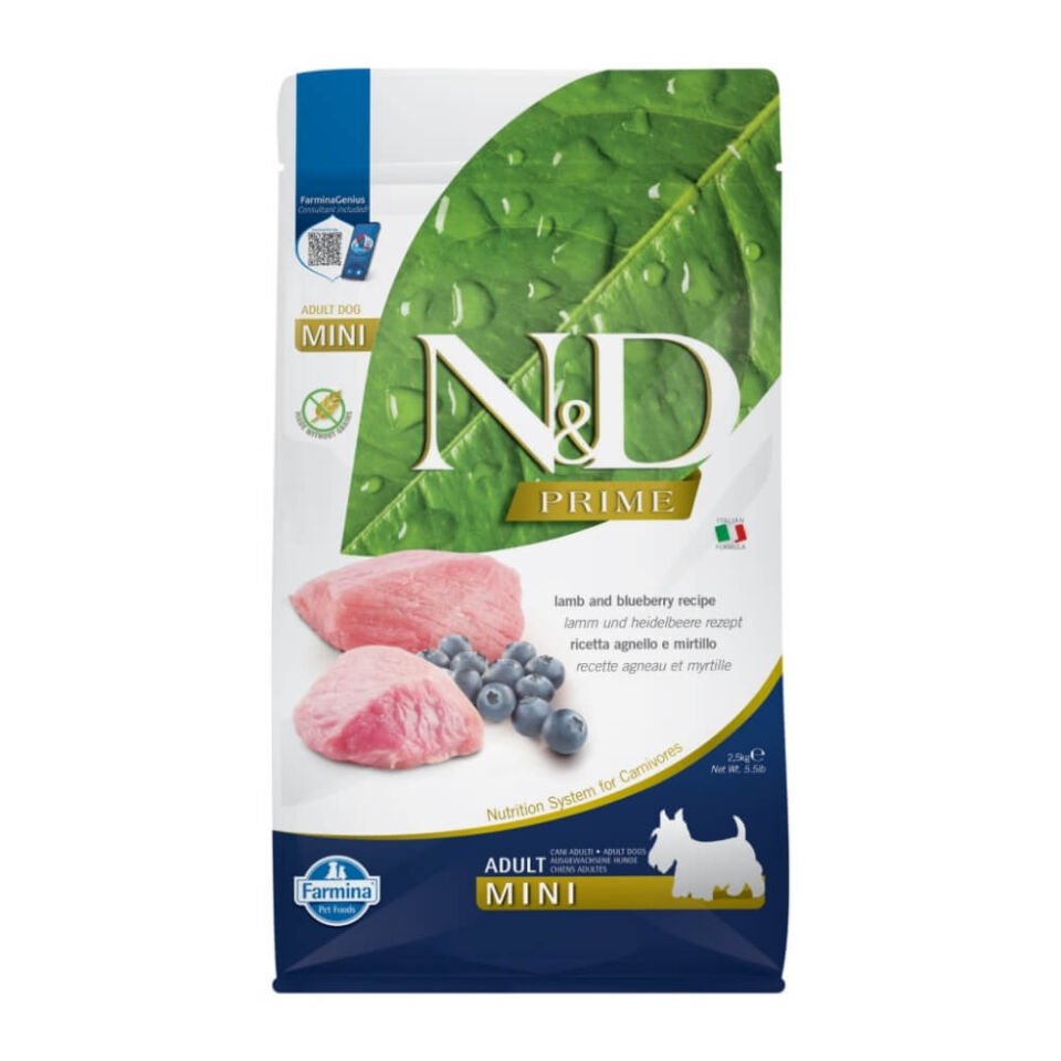 N&D Prime Kuzu Etli ve Yaban Mersinli Küçük Irk Tahılsız Yetişkin Köpek Maması 2,5kg