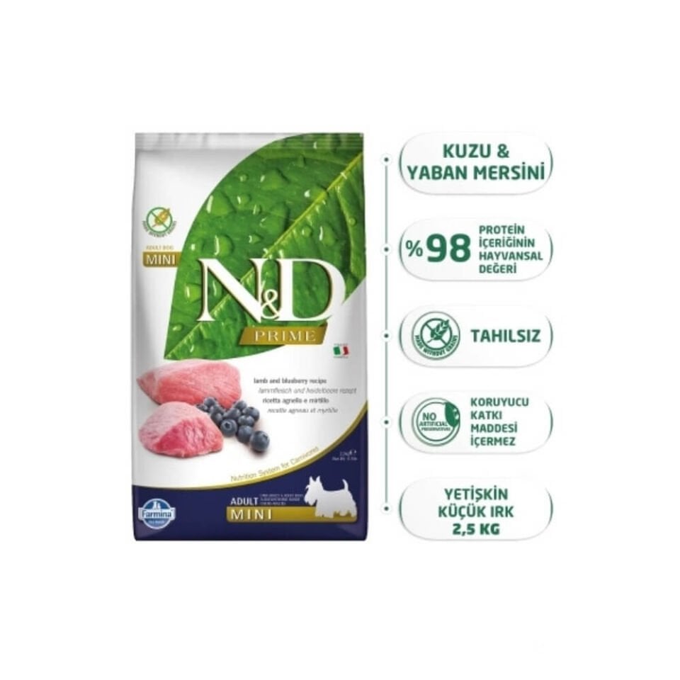 N&D Prime Kuzu Etli ve Yaban Mersinli Küçük Irk Tahılsız Yetişkin Köpek Maması 2,5kg