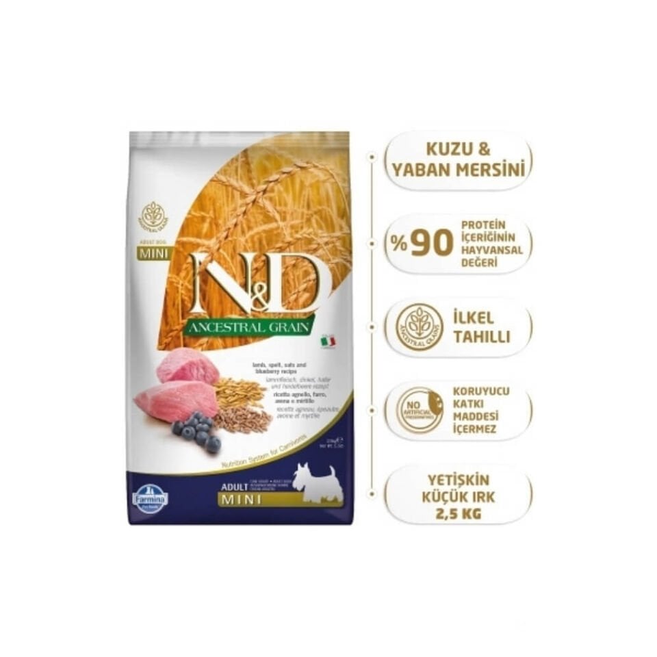 N&D Ancestral Grain Kuzu Etli ve Yaban Mersinli Küçük Irk Ata Tahıllı Yetişkin Köpek Maması 2,5kg