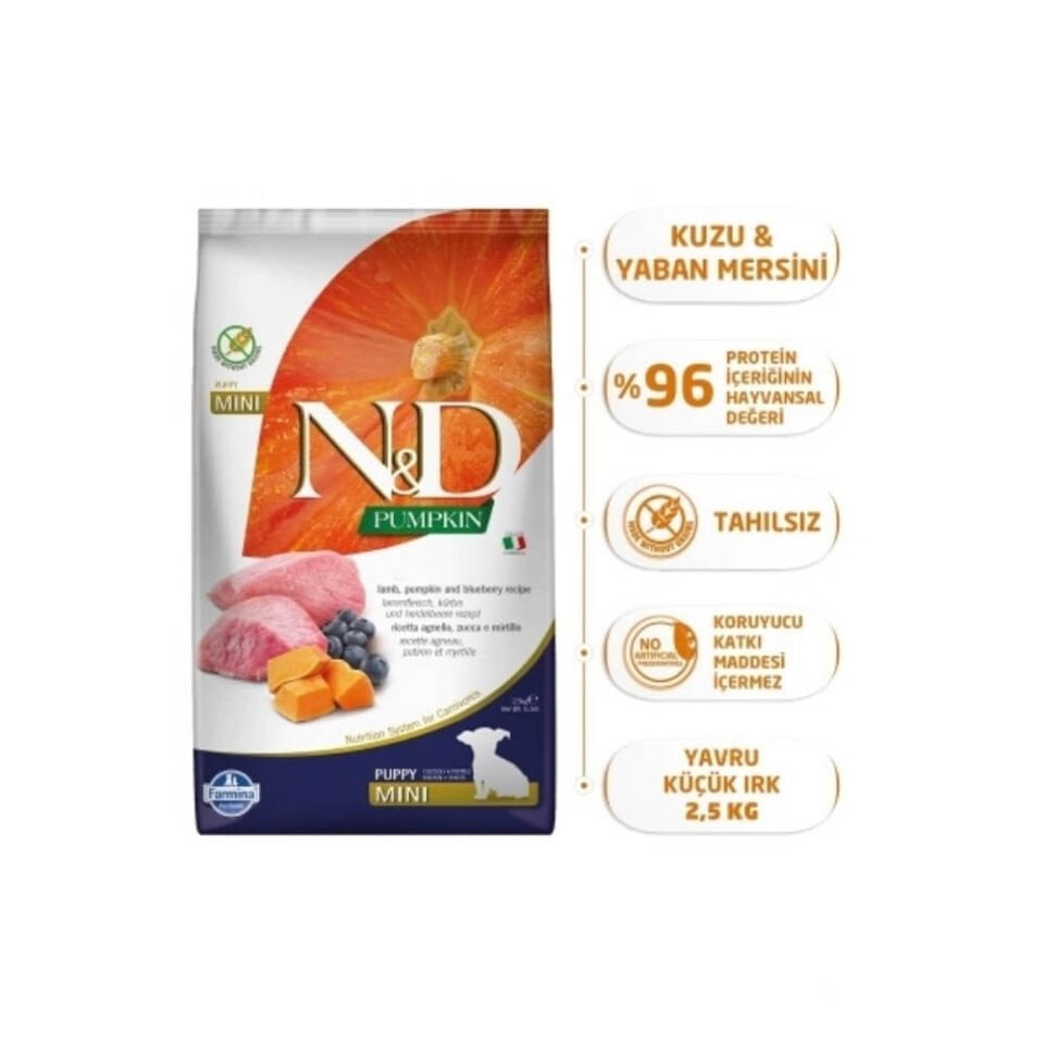 N&D Pumpkin Bal Kabaklı Kuzulu ve Yaban Mersinli Küçük Irk Tahılsız Yavru Köpek Maması 2,5kg