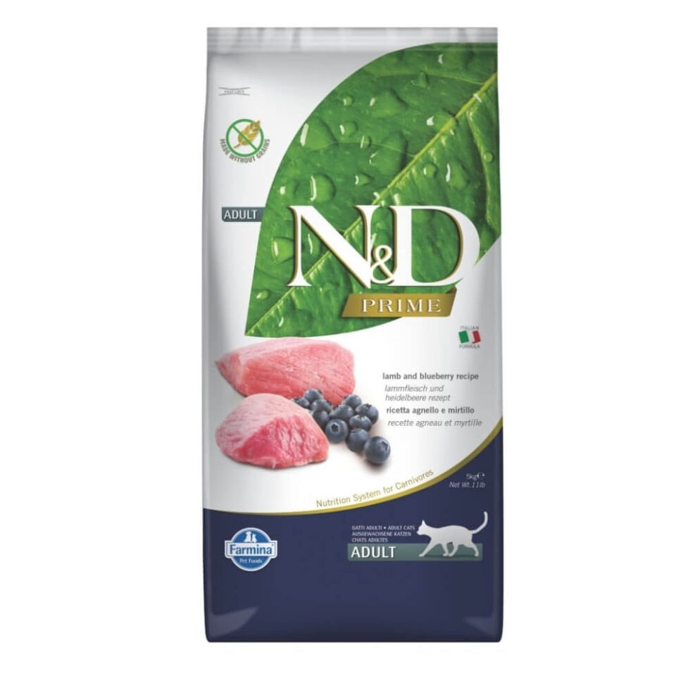 N&D Prime Kuzu Etli ve Yaban Mersinli Tahılsız Yetişkin Kedi Maması 5kg