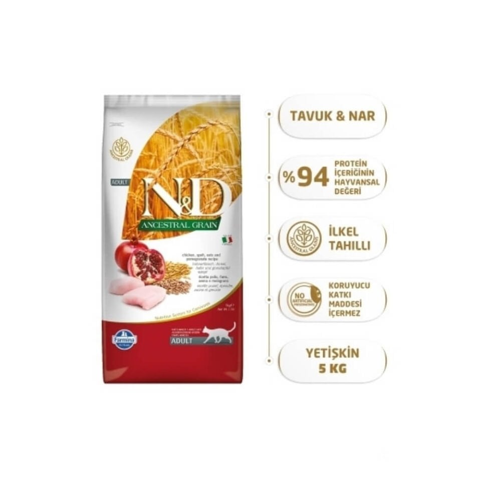 N&D Ancestral Grain Tavuklu ve Narlı Ata Tahıllı Yetişkin Kedi Maması 5kg