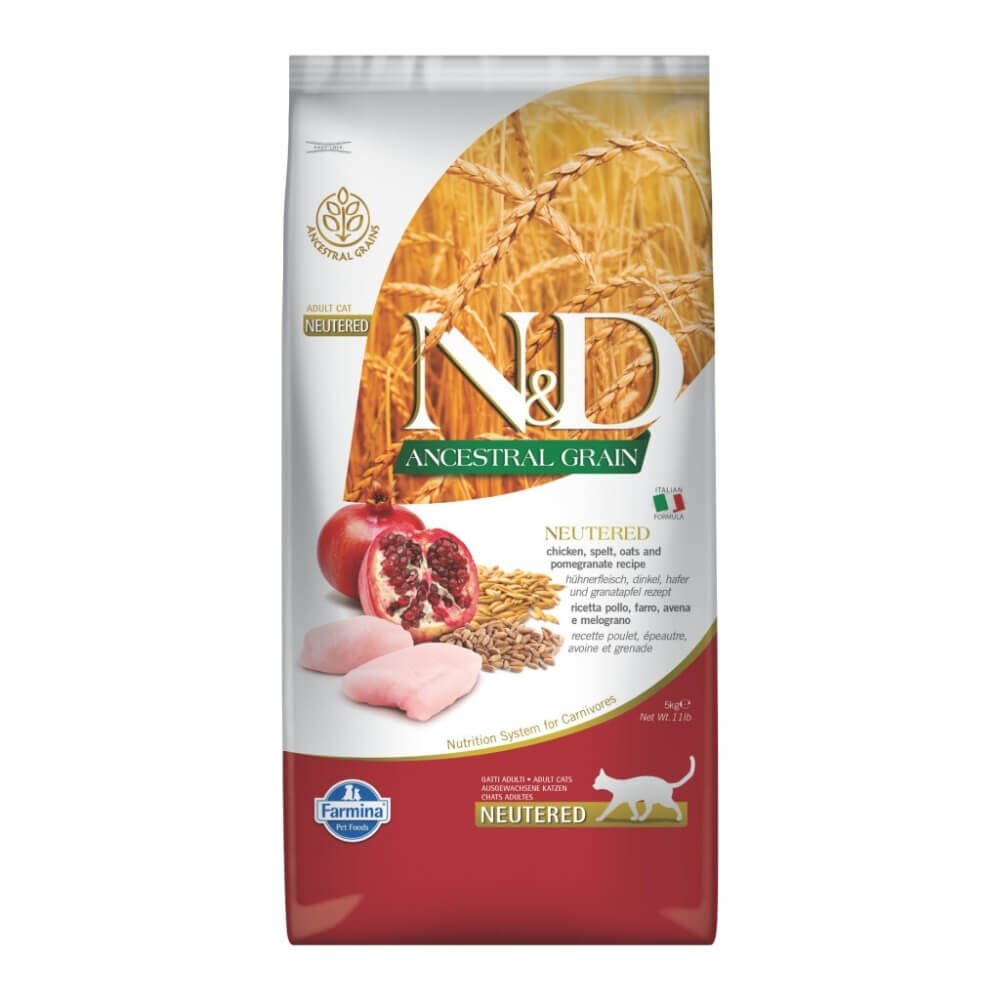 N&D Ancestral Grain Tavuklu ve Narlı Ata Tahıllı Kısırlaştırılmış Kedi Maması 5kg