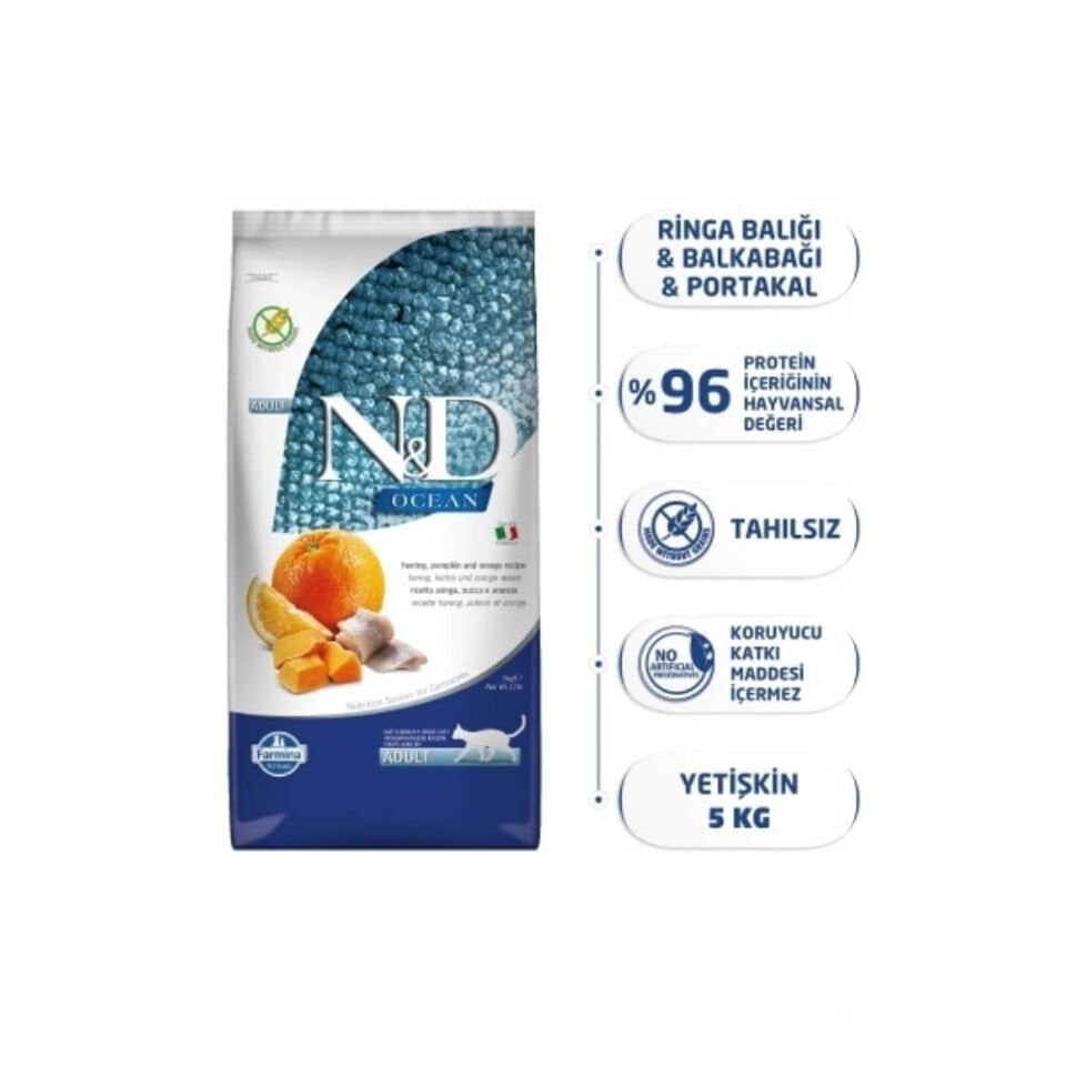 N&D Ocean Ringa Balıklı Bal Kabaklı ve Portakallı Tahılsız Yetişkin Kedi Maması 5kg
