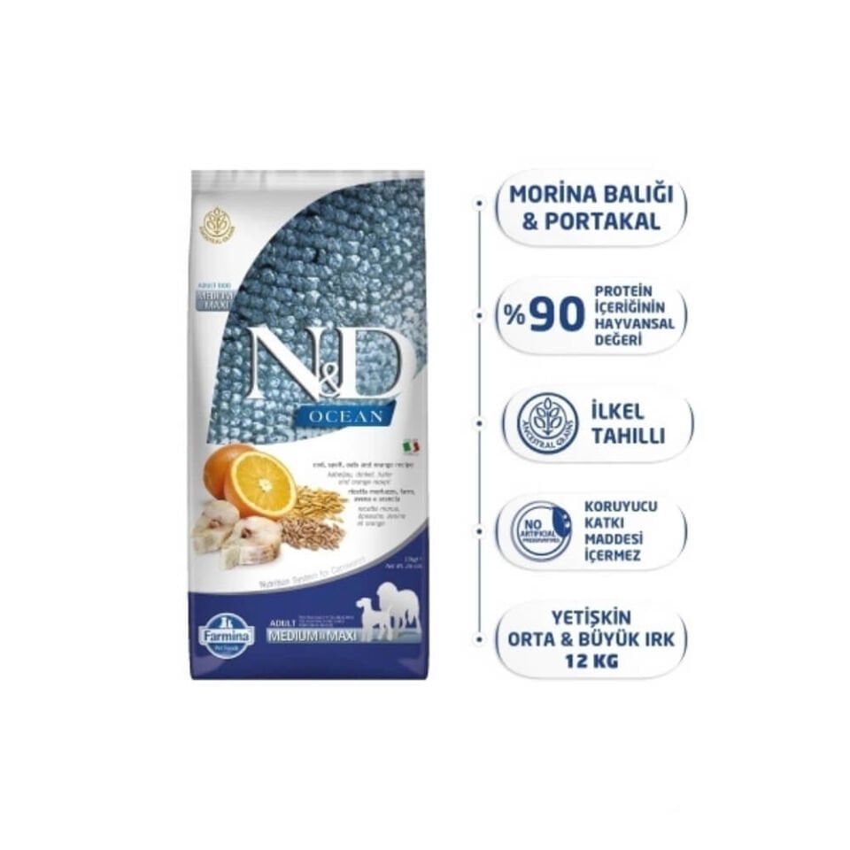 N&D Ocean Morina Balıklı ve Portakallı Orta ve Büyük Irk Ata Tahıllı Yetişkin Köpek Maması 12kg