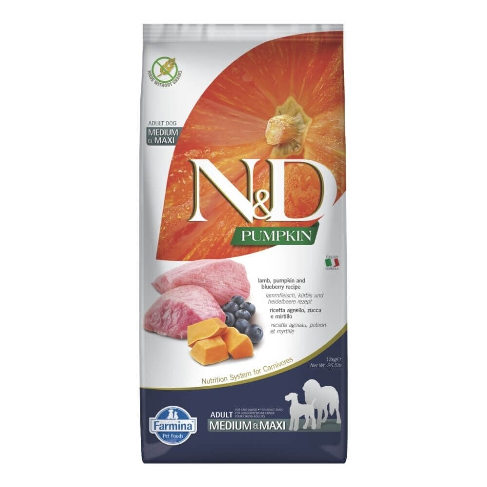 N&D Pumpkin Bal Kabaklı Kuzulu Yaban Mersinli Orta ve Büyük Irk Tahılsız Yetişkin Köpek Maması 12kg
