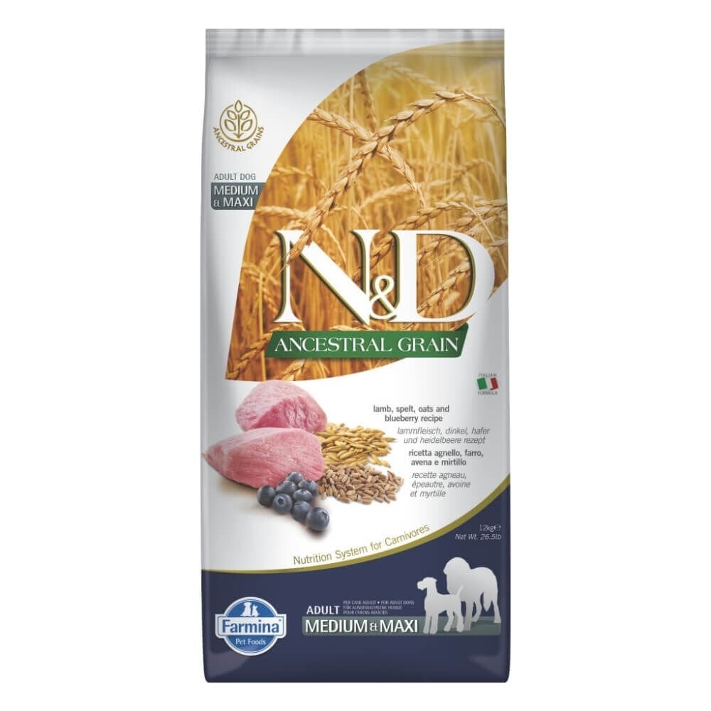 N&D Ancestral Kuzu Etli ve Yaban Mersinli Orta ve Büyük Irk Ata Tahıllı Yetişkin Köpek Maması 12kg