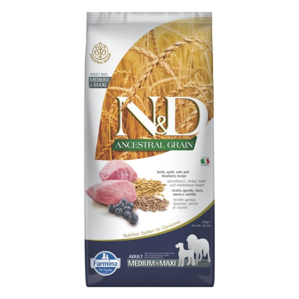 N&D Ancestral Kuzu Etli ve Yaban Mersinli Orta ve Büyük Irk Ata Tahıllı Yetişkin Köpek Maması 12kg