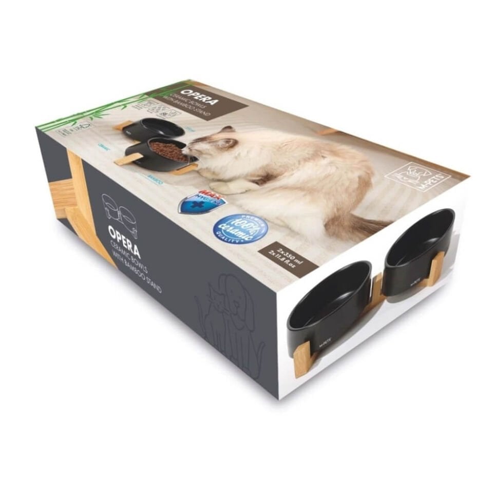 M-Pets Opera Bambu Standlı Seramik Kedi Mama ve Su Kabı 2x350ml (Siyah)