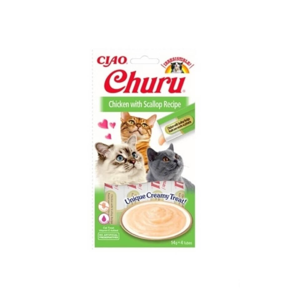 INABA CIAO Churu Cream Tavuklu ve Deniz Taraklı Krema Kedi Ödül Maması 14gr (4'lü)