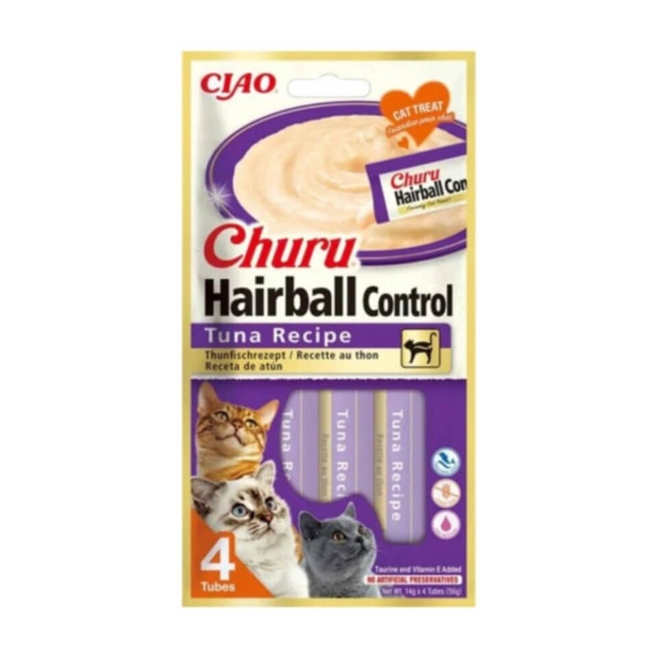 INABA CIAO Churu Cream Hairball Tüy Yumağı Önleyici Ton Balıklı Sıvı Kedi Ödül Maması 14gr (4'lü)