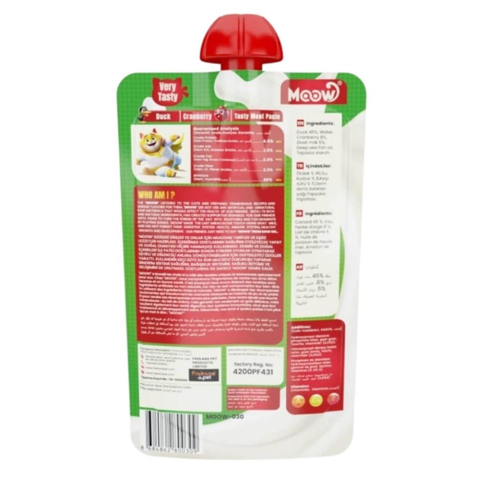 MOOW Taze Ördek Kızılcık ve Keçi Sütlü Ezme Kedi Ödül Maması 90gr