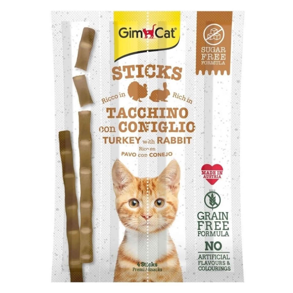 GimCat Sticks Hindili ve Tavşan Etli Taurinli Tahılsız Kedi Ödül Çubuğu 20gr (4'lü)