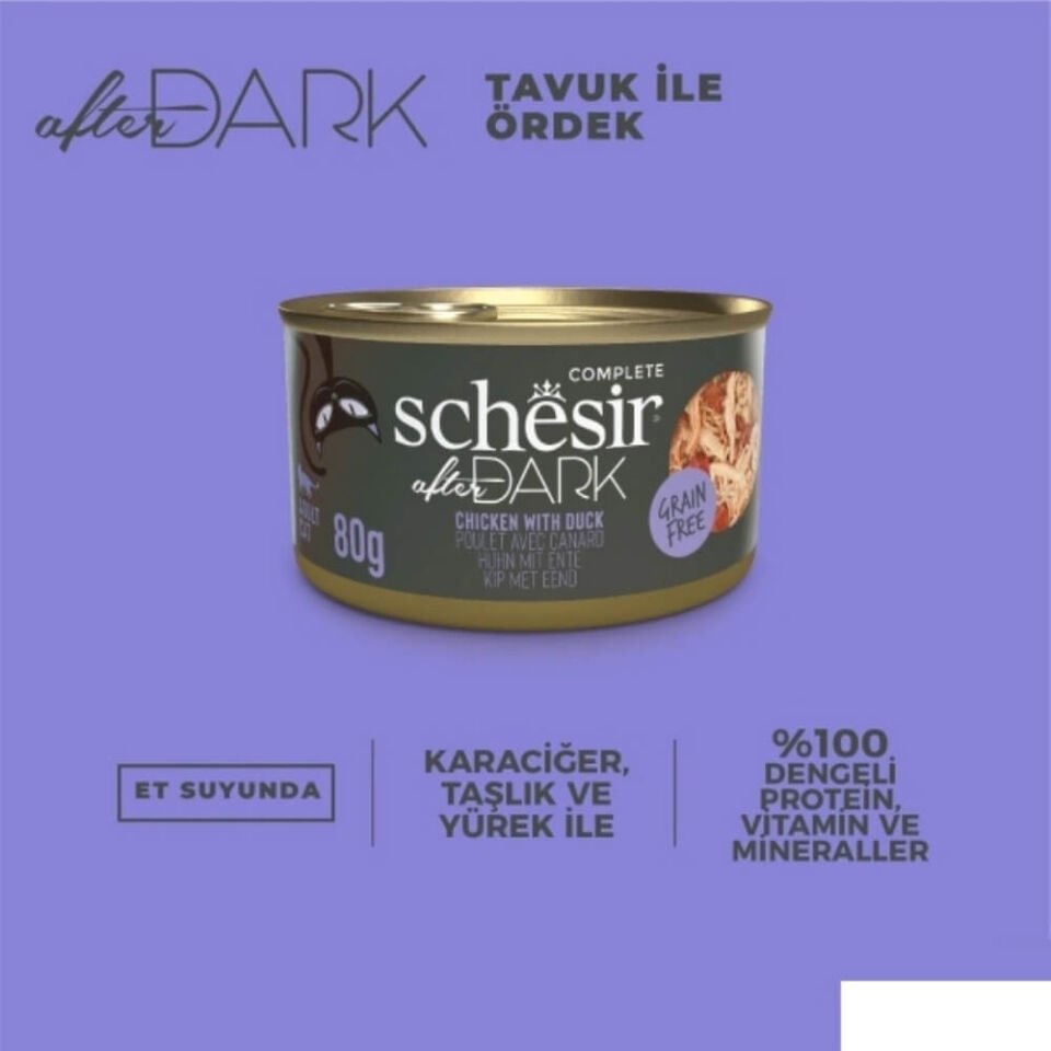 Schesir After Dark Sos içinde Tavuk ve Ördekli Tahılsız Yetişkin Kedi Konservesi 80gr