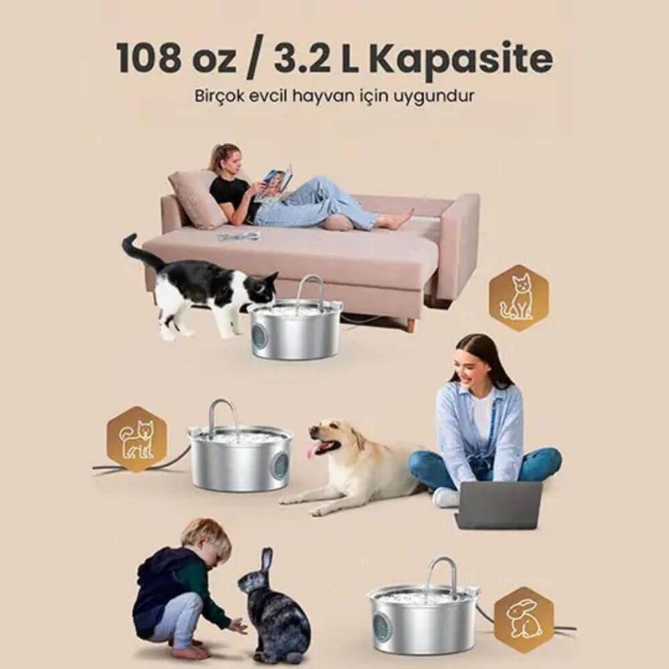 Electron Çelik Kedi Köpek Otomatik Tekli Su Pınarı 3,2Lt