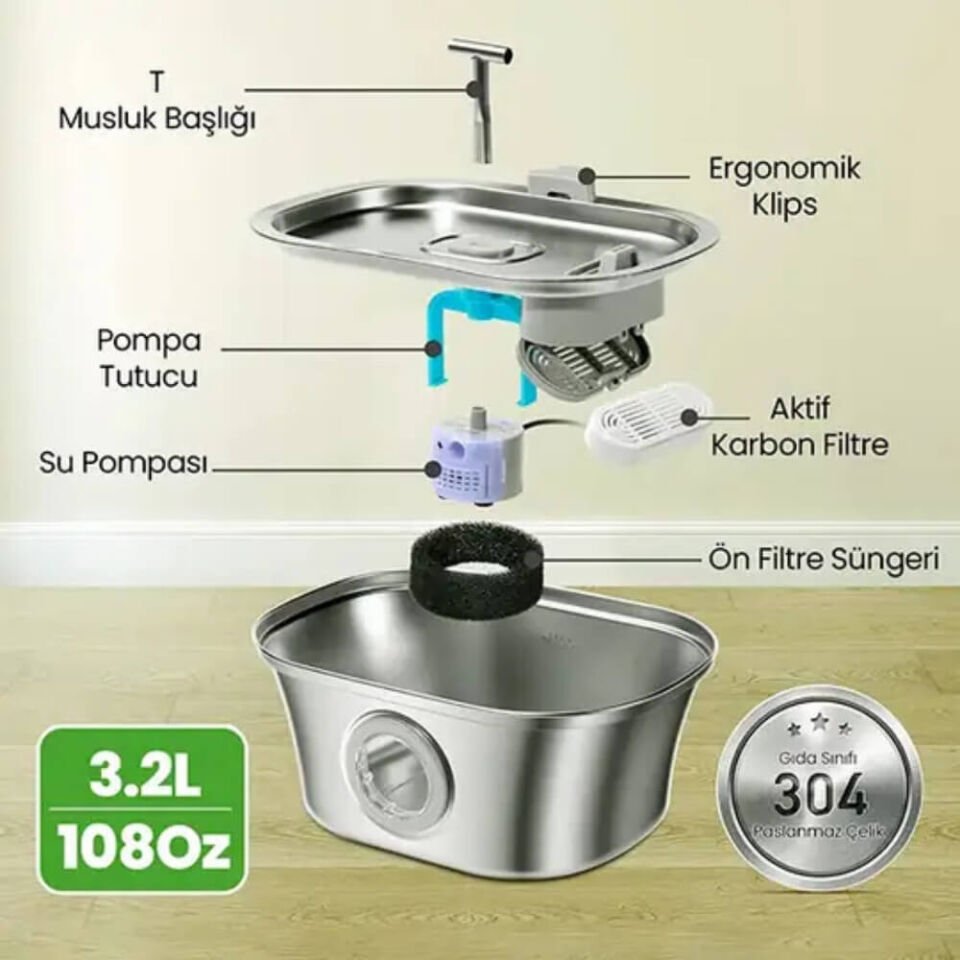 Electron Çelik Kedi Köpek Otomatik Çiftli Su Pınarı 3,2Lt