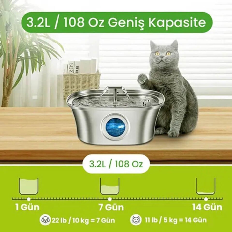 Electron Çelik Kedi Köpek Otomatik Çiftli Su Pınarı 3,2Lt